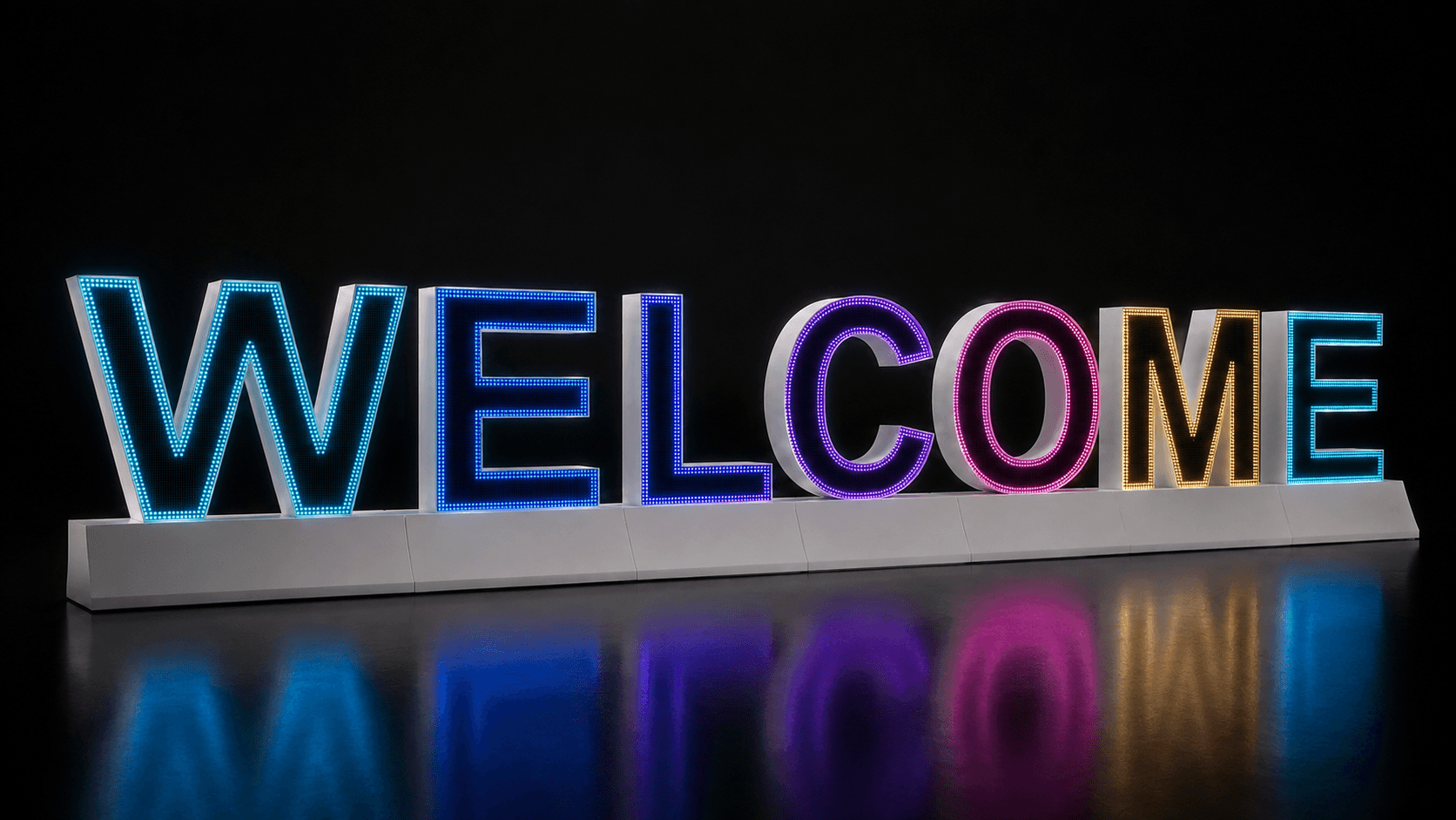 WELCOME display letters with crisp colored pixel borders