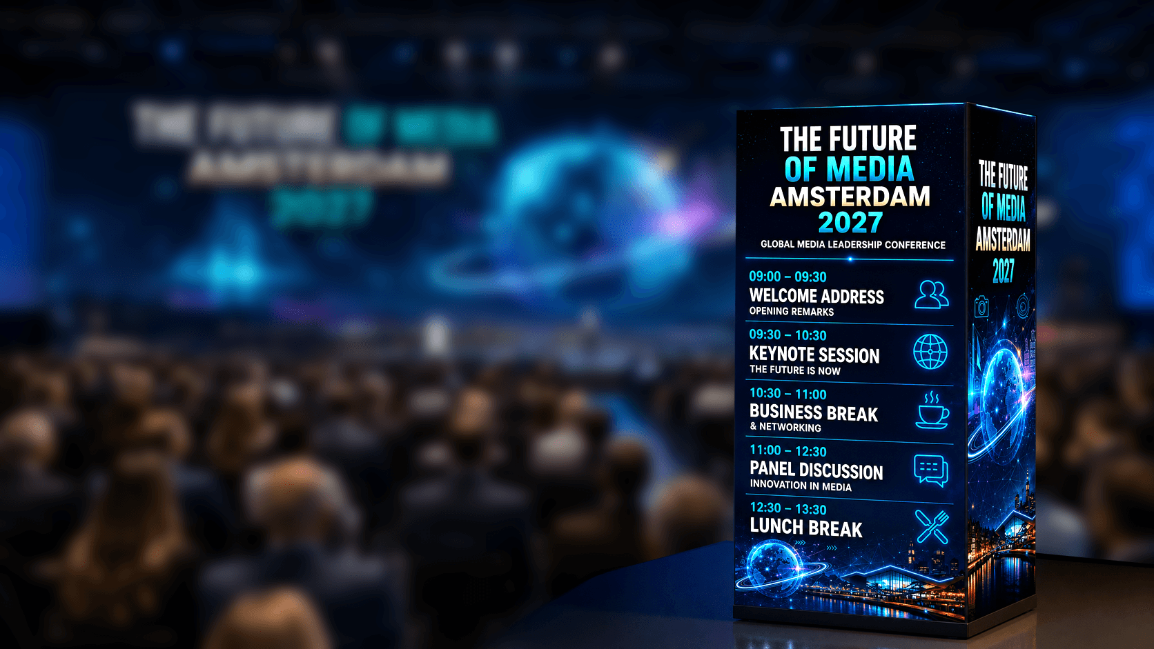 Mini Cube displaying a conference schedule in a live event setting